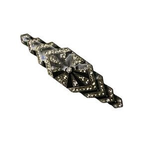 Vtg Art Deco Bar Brooch Clear Rhinestones PIERRE BEX? Silver Black Pin 3"